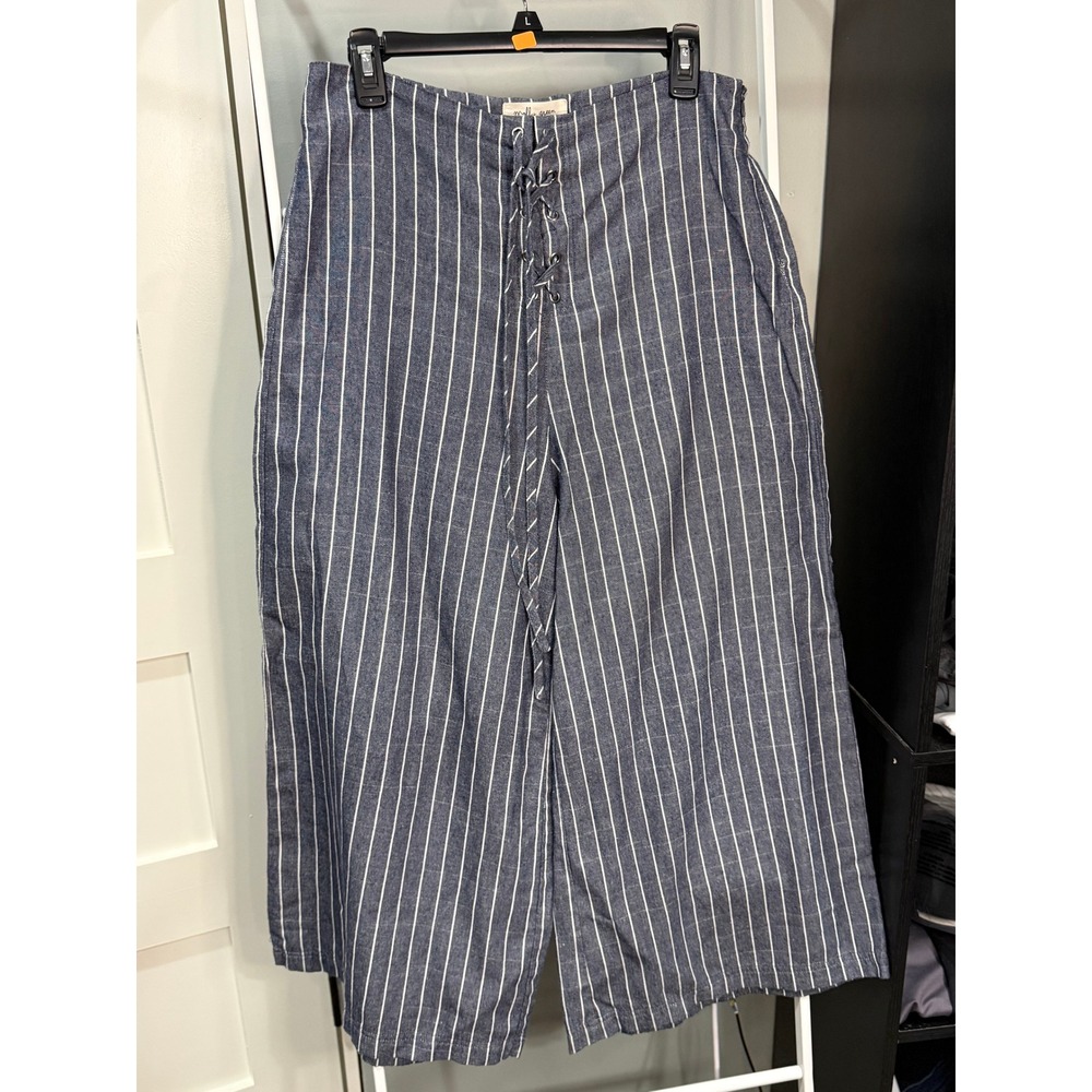Molly Green Blue White Pinstripe Wide Leg Lace Up Culotte Pant Cotton M Festival